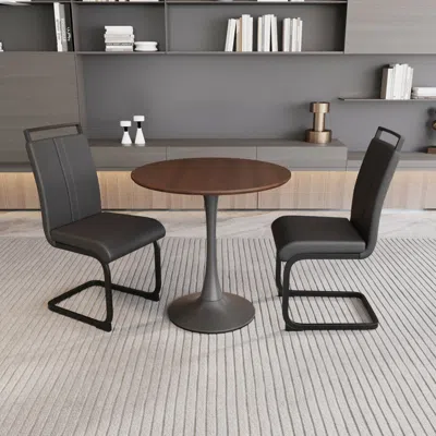 Streamdale Furniture Streamdale Walnut Circular Table W/ 2 Metal Leg Pu Black Dining Chairs