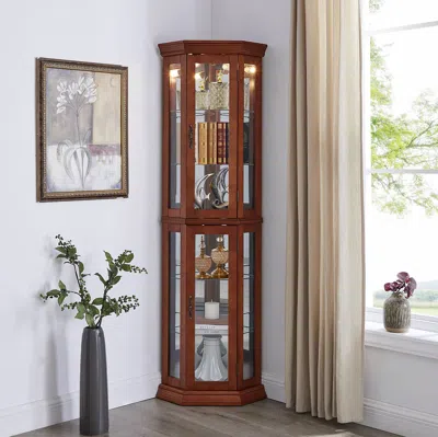 Streamdale Furniture Streamdale Walnut Corner Curio Cabinet With Lights & Adjustable Shelves In Brown