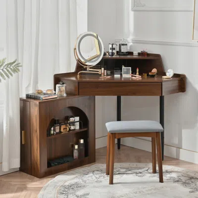 Streamdale Furniture Streamdale Walnut Corner Vanity Desk With Mirror & Led Lights