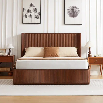 Streamdale Furniture Streamdale Walnut Corrugated Wave Wood Platform Bed Frame Queen Size