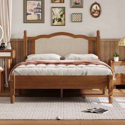 Streamdale Furniture Streamdale Walnut Platform Bed With Rattan Headboard