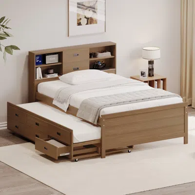 Streamdale Furniture Streamdale Walnut Twin Captain Bed With Headboard Bookcase And Trundle