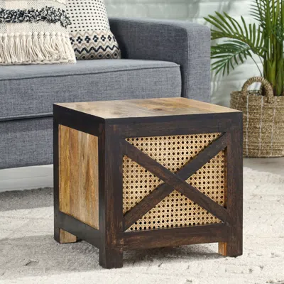 Streamdale Furniture Streamdale Westby Mango Wood And Cane Square Cube Ottoman