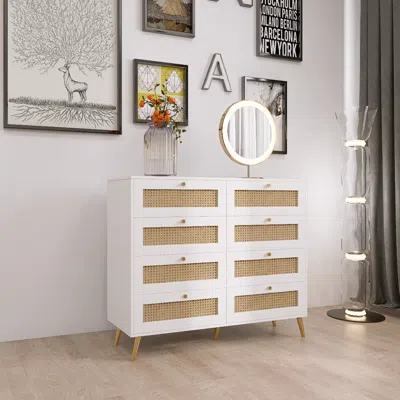 Streamdale Furniture Streamdale White 8-drawer Dresser With Rattan Faces, Gold Accents