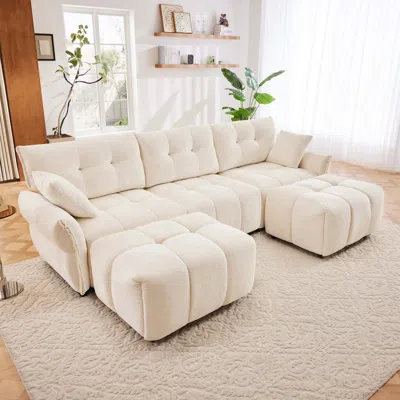 Streamdale Furniture Streamdale White Chenille 3-seater Sofa With Ottoman & Pillows