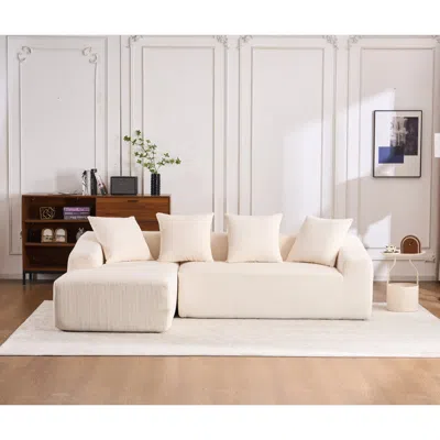 Streamdale Furniture Streamdale White Corduroy Compression Sofa With Chaise & Pillows