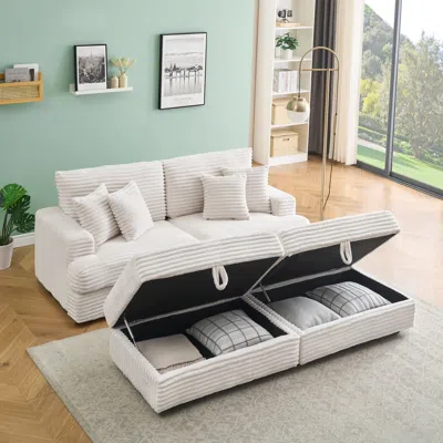 Streamdale Furniture Streamdale White Corduroy Sofa W/ Storage Legs & Pillows