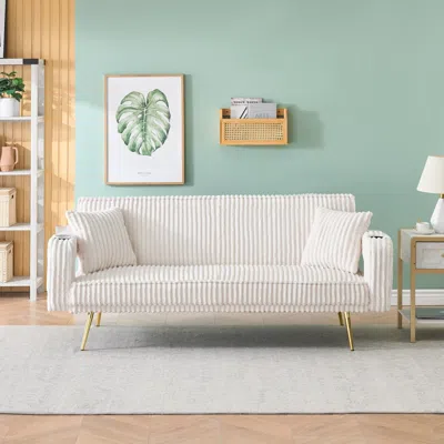 Streamdale Furniture Streamdale White Corduroy Sofa With Pillows - Minimalist Design