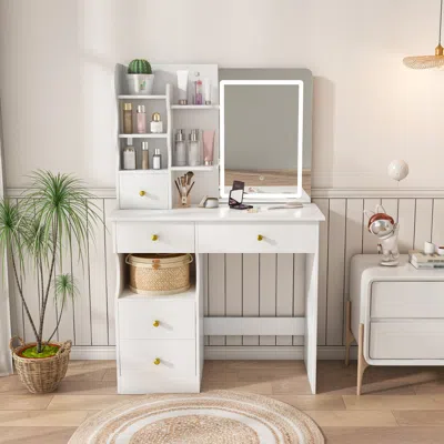 Streamdale Furniture Streamdale White Dressing Table With Led Light & Hidden Mirror