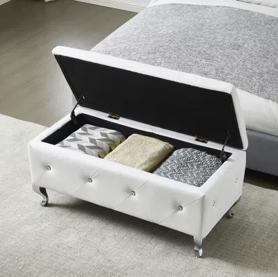 Streamdale Furniture Streamdale White Faux Leather Ottoman With Crystal Buttons