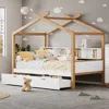 Streamdale Furniture Streamdale White Full Size Wooden House Bed Original Wood Colored Frame With Two Drawers And Bookshe