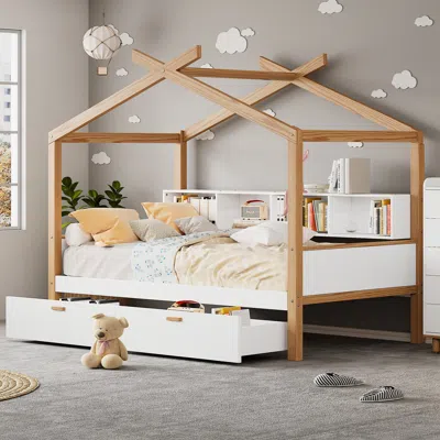 Streamdale Furniture Streamdale White Full Size Wooden House Bed Original Wood Colored Frame With Two Drawers And Bookshe