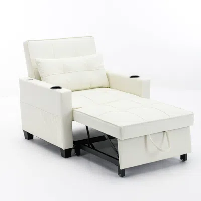 Streamdale Furniture Streamdale White Leather Convertible Futon Chair Bed With Usb Ports In Neutral