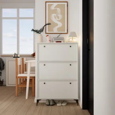 Streamdale Furniture Streamdale White Shoe Cabinet With 3 Flip Drawers & Legs