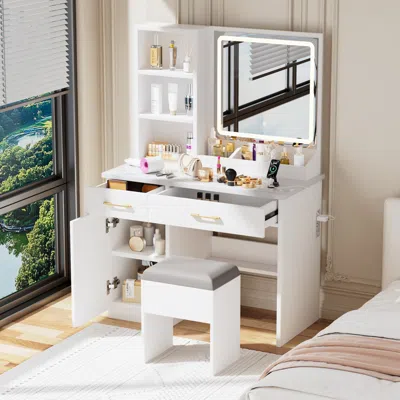 Streamdale Furniture Streamdale White Vanity Desk With Lighted Mirror, Power Outlet & Storage