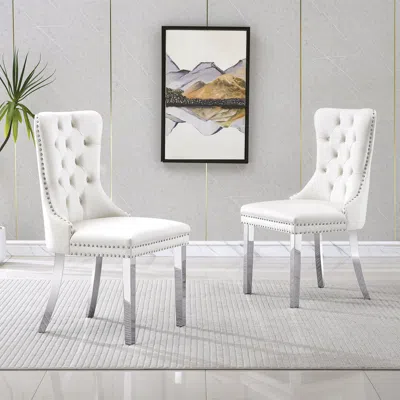 Streamdale Furniture Streamdale White Velvet Dining Chairs, Silver Legs - Set Of 2