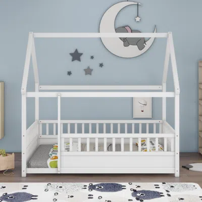 Streamdale Furniture Streamdale White Wooden Floor Bed With Roof Frame And Guardrails