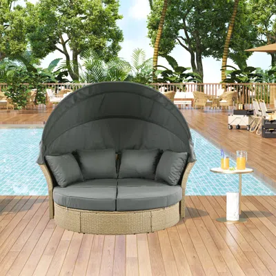 Streamdale Furniture Streamdale Wicker Rattan Round Daybed With Canopy & Pillows