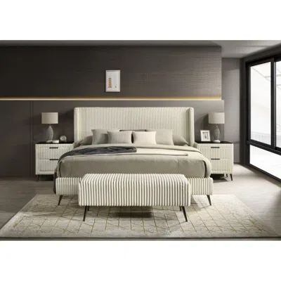 Streamdale Furniture Streamdale Wide Wale Corduroy Upholstery Panel King Bed With 2 Nightstands And Bench, Cream