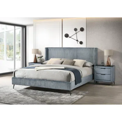Streamdale Furniture Streamdale Wide Wale Corduroy Upholstery Panel King Bed With 2 Nightstands, Blue