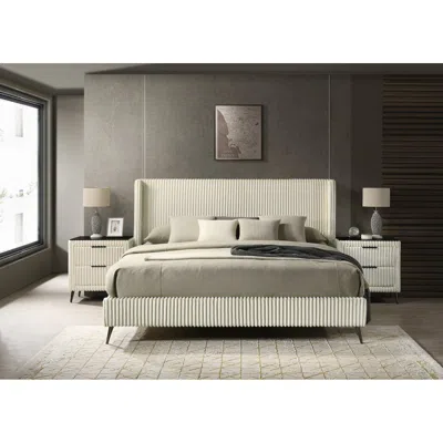 Streamdale Furniture Streamdale Wide Wale Corduroy Upholstery Panel King Bed With 2 Nightstands, Cream