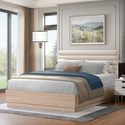 Streamdale Furniture Streamdale Wood Bed Frame With Fabric Upholstered Headboard