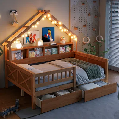 Streamdale Furniture Streamdale Wood Full House Platform Bed With Led & Storage
