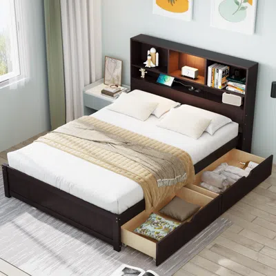 Streamdale Furniture Streamdale Wood Platform Bed With Headboard, Downlight, Charging, Drawers