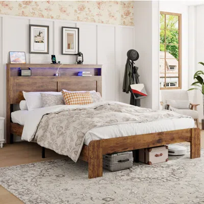 Streamdale Furniture Streamdale Wood Queen Platform Bed Frame With Storage, Led Headboard, Usb, Dark Brown