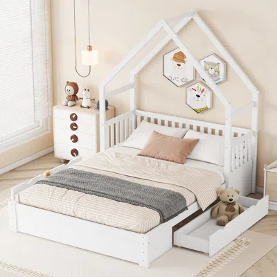 Streamdale Furniture Streamdale Wood Queen Size House Platform Bed With Guardrail And 2 Drawers