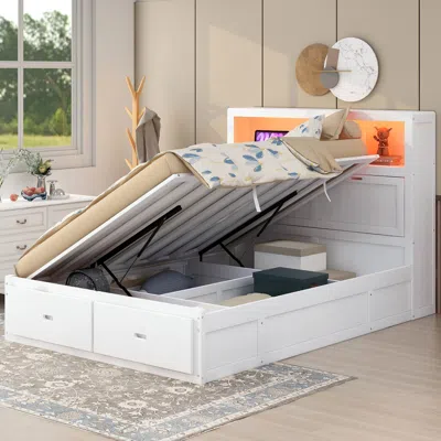 Streamdale Furniture Streamdale Wood Queen Size Hydraulic Platform Bed With Storage Led Headboard In White