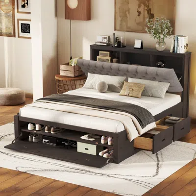 Streamdale Furniture Streamdale Wood Queen Size Platform Bed With Storage Headboard In Brown