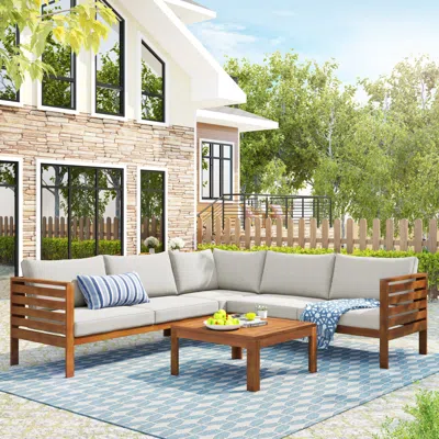 Streamdale Furniture Streamdale Wood Structure Outdoor Sofa Set With Beige Cushions
