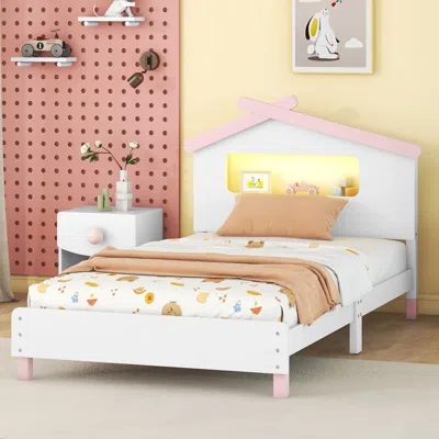 Streamdale Furniture Streamdale Wood Twin Platform Bed With House Headboard & Night Lights (white+