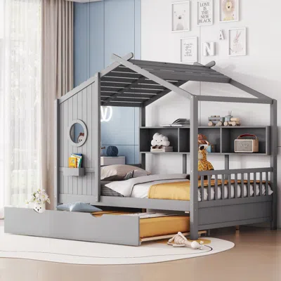 Streamdale Furniture Streamdale Wooden Full Size House Bed With Trundle & Shelf - Gray