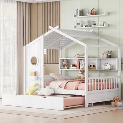 Streamdale Furniture Streamdale Wooden Full Size House Bed With Trundle & Shelf - Gray In White