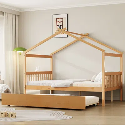 Streamdale Furniture Streamdale Wooden House Bed With Twin Trundle - Natural In Nude