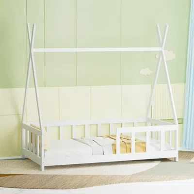 Streamdale Furniture Streamdale Wooden Montessori Floor Bed Frame For Kids With Guardrail, White