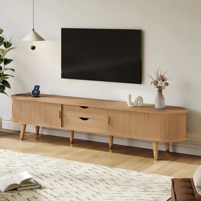 Streamdale Furniture Streamdale Wooden Oval Fluted Tv Stand With Charging Station & Sliding Door (up To 80") In Neutral