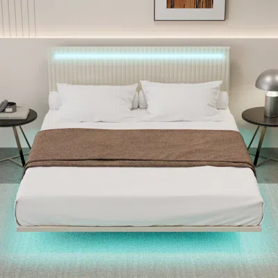Streamdale Furniture Velvet Floating Bed Frame W/ Leds (queen)