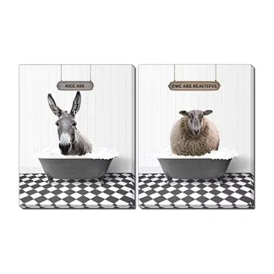 Streamline Art Animal Bath Hand Embellished Canvas Art In Gray