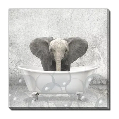 Streamline Art Baby Elephant Bath Canvas Art In Gray
