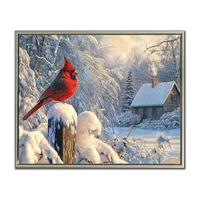 Streamline Art Cardinal On A Snowy Fence Embellished Canvas Art In Red
