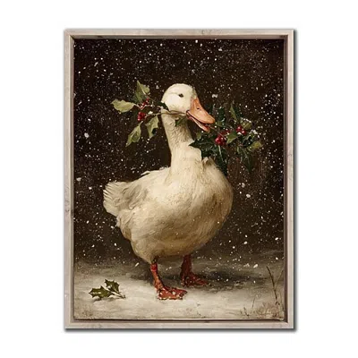 Streamline Art Duck With Holly Embellished Canvas Art In White