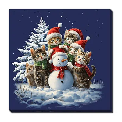 Streamline Art Kitten Snowman Embellished Canvas Art In Blue