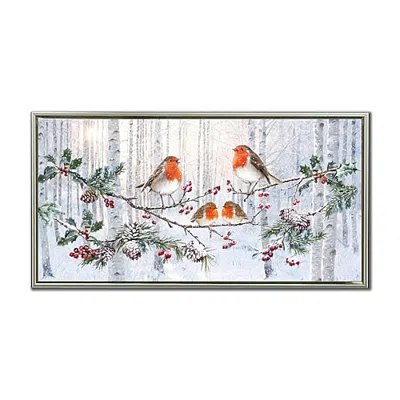 Streamline Art Robins In Winter Forest Embellished Canvas Art In Green