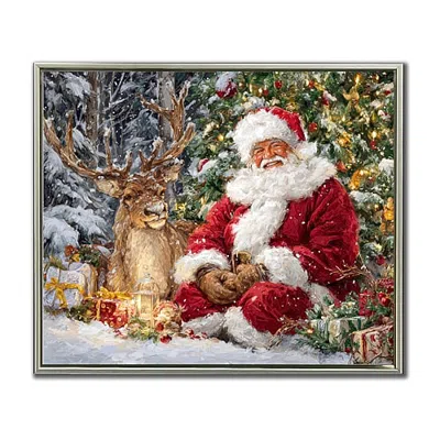 Streamline Art Santa With Reindeer Embellished Canvas Art In Red