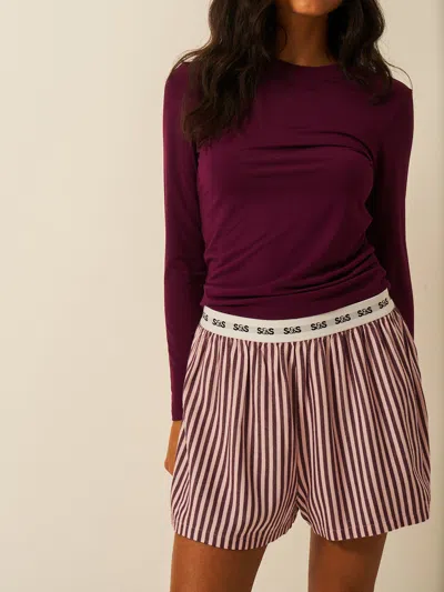 Stripe & Stare Soft Brushed Woven Pyjama Shorts In Black Cherry