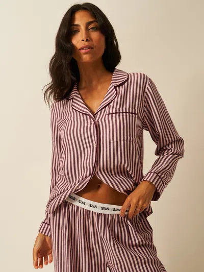 Stripe & Stare Soft Brushed Woven Pyjama Top In Noir Nights & Pink Stripe