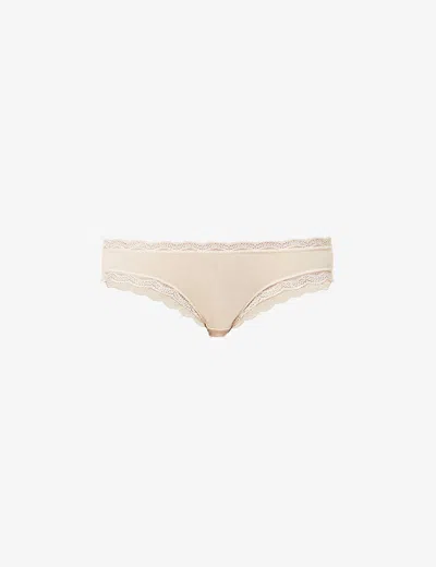 Stripe & Stare High-rise Lace Stretch-jersey Briefs In Beige